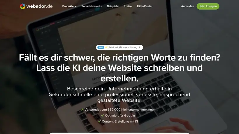 Webador homepage screenshot