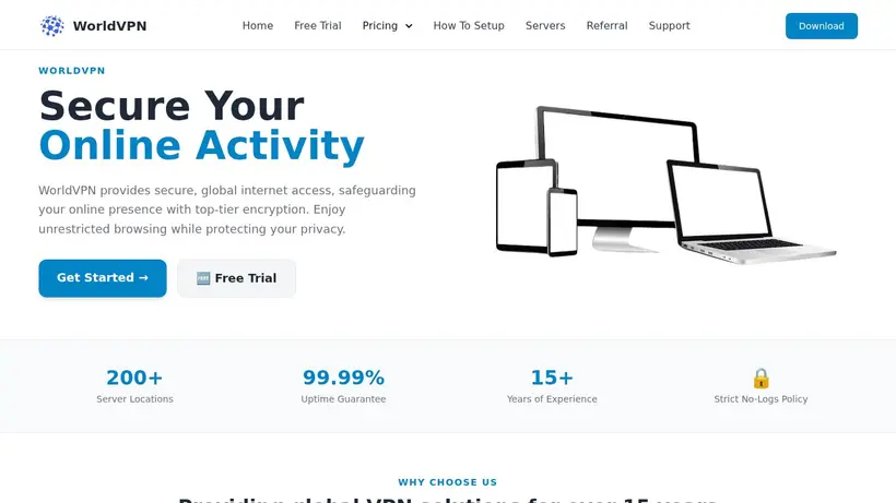 World VPN homepage screenshot