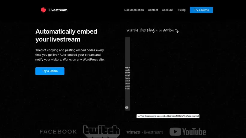 WP Livestream homepage screenshot