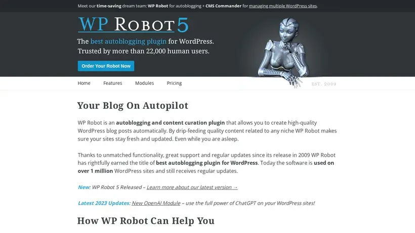 WP Robot homepage screenshot