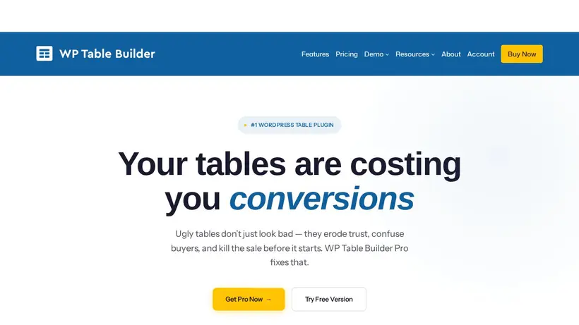 WP Table Builder homepage screenshot