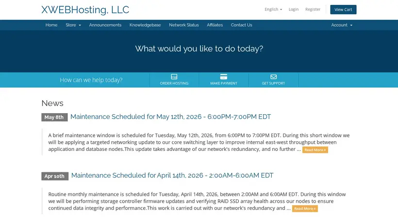 X WEB Hosting homepage screenshot