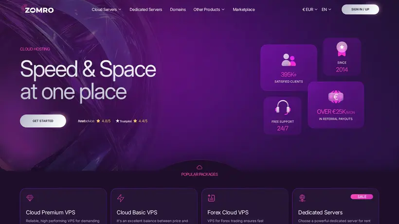 Zomro homepage screenshot