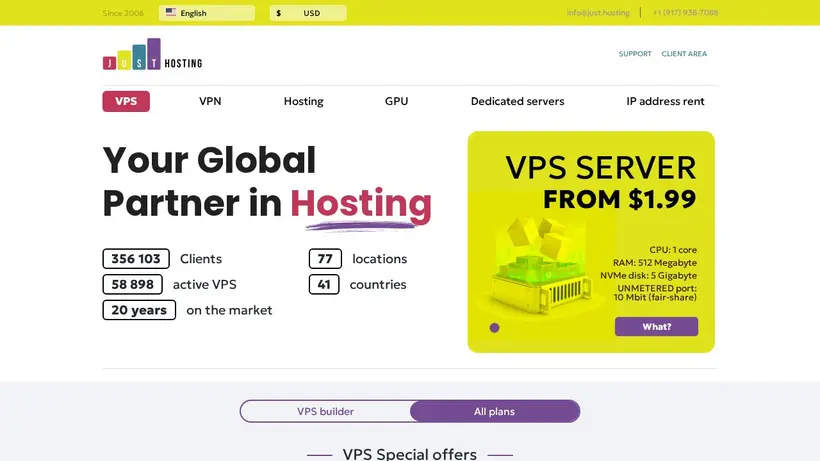 Just Hosting homepage screenshot